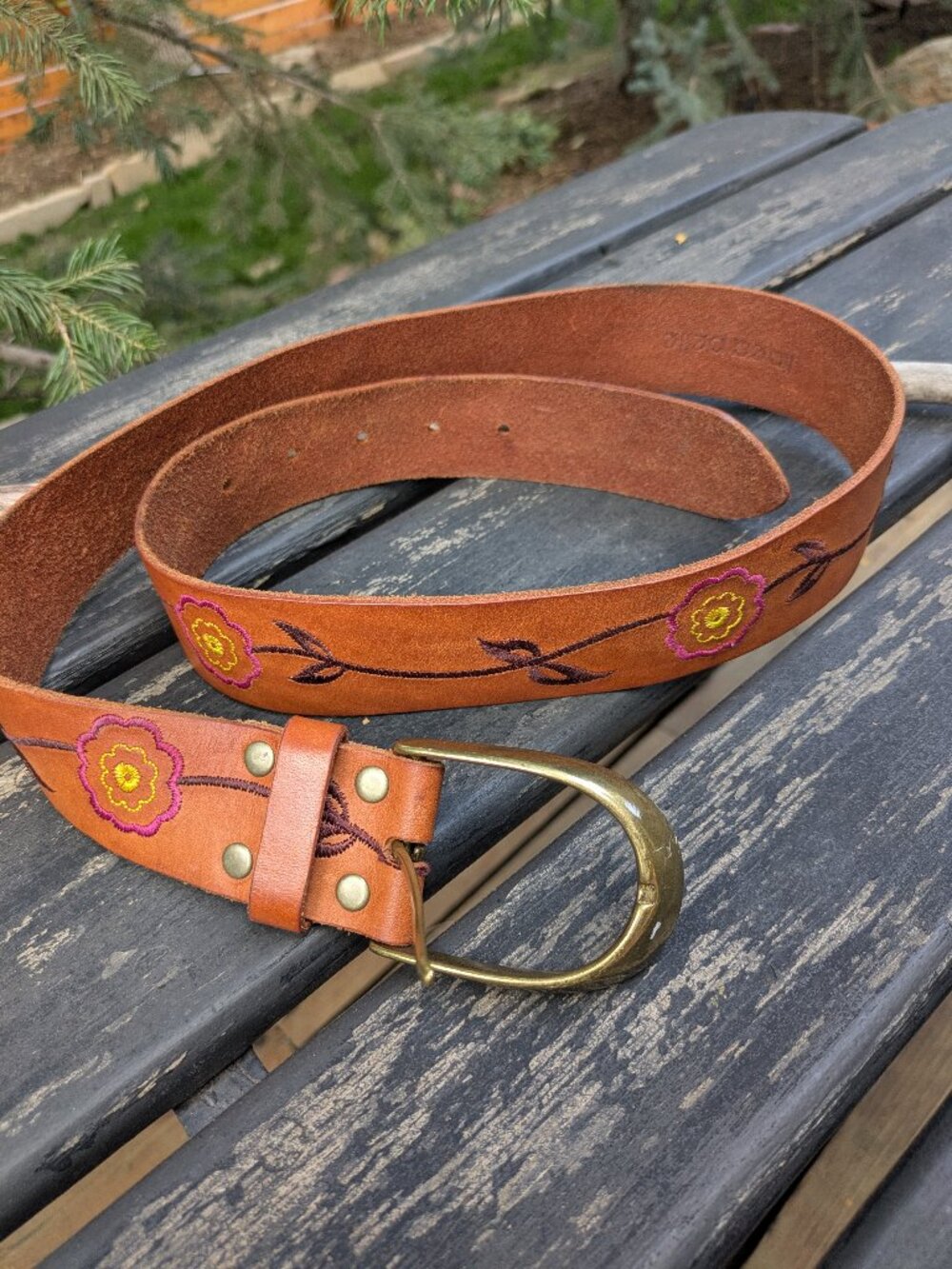 Linea Pelle Solid Brass Hardware Leather Bohemian Style embroidered belt
